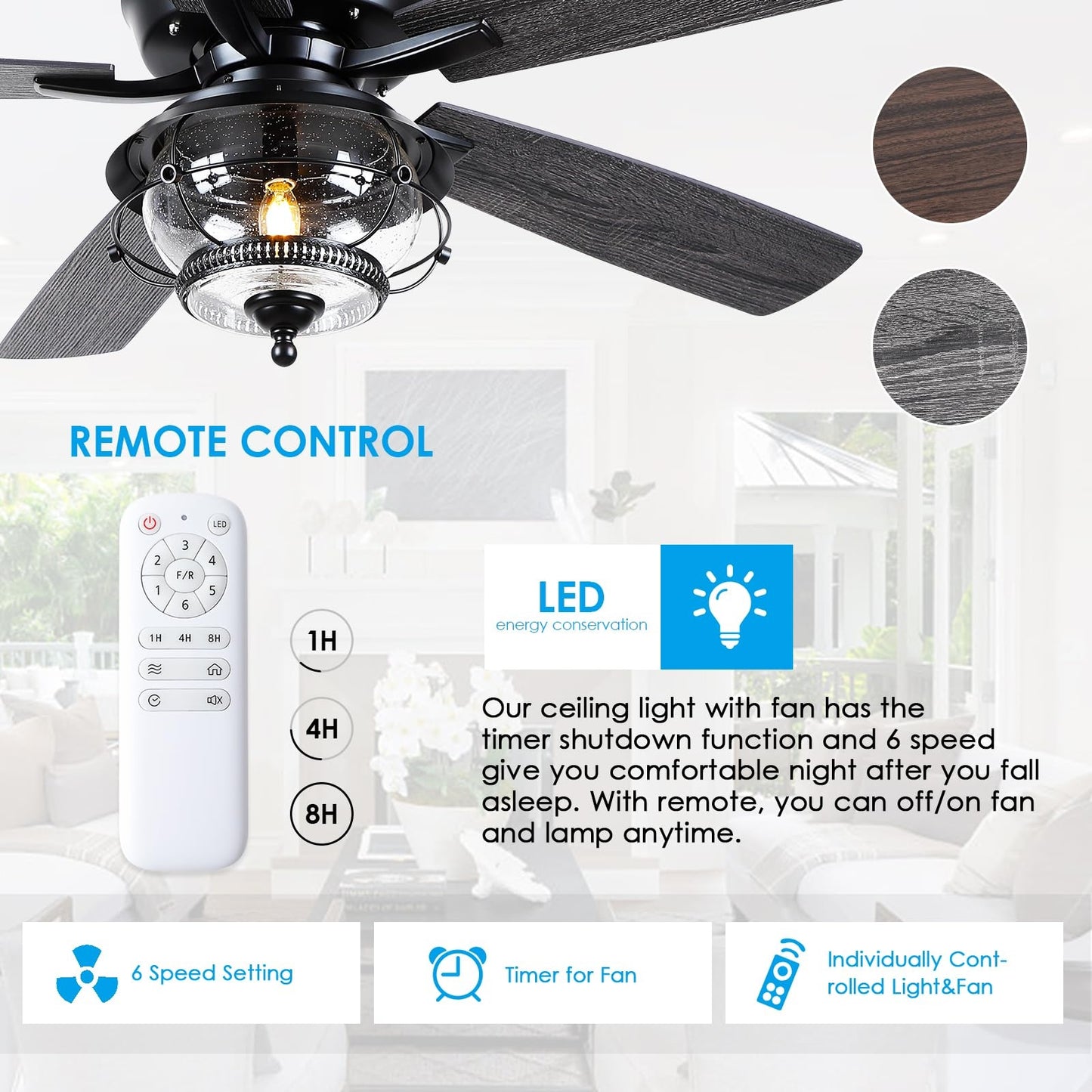 52" Outdoor Ceiling Fans with Light and Remote, Waterproof Wet Rated Ceiling Fan, 6 Speeds Reversible Blades for Kitchen,Dining Room,Outside Patios