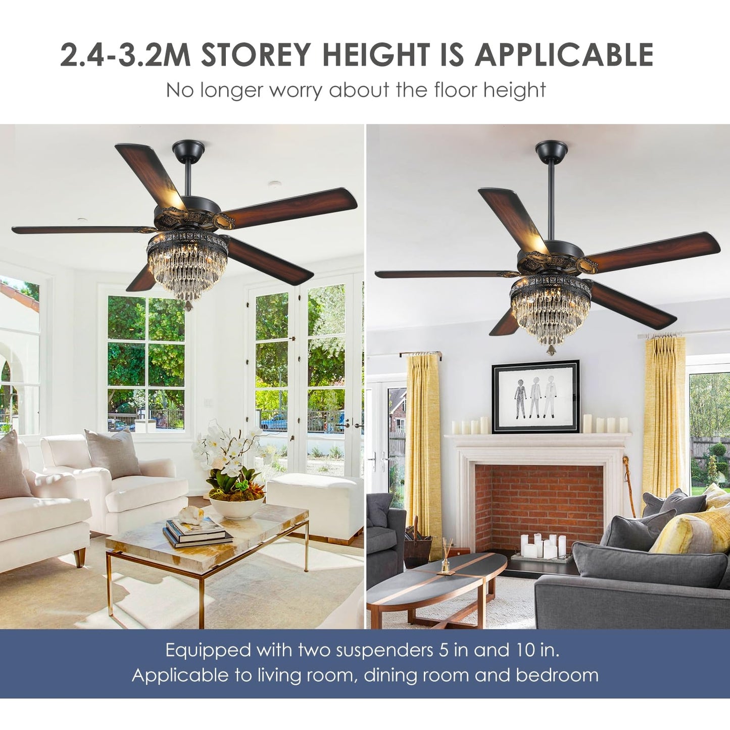 Kviflon 62 inch Crystal Ceiling Fan with Light