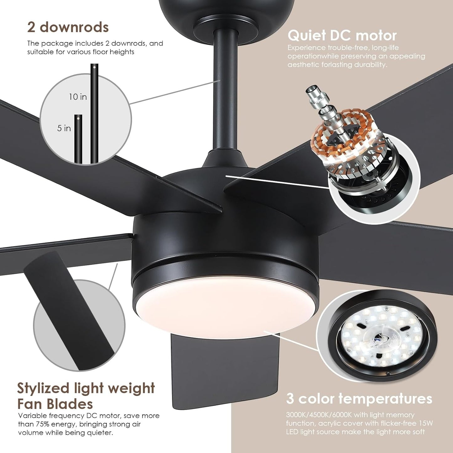 46 Inches Downrod ceiling Fan with Light,Reversible Wind,TImer Setting