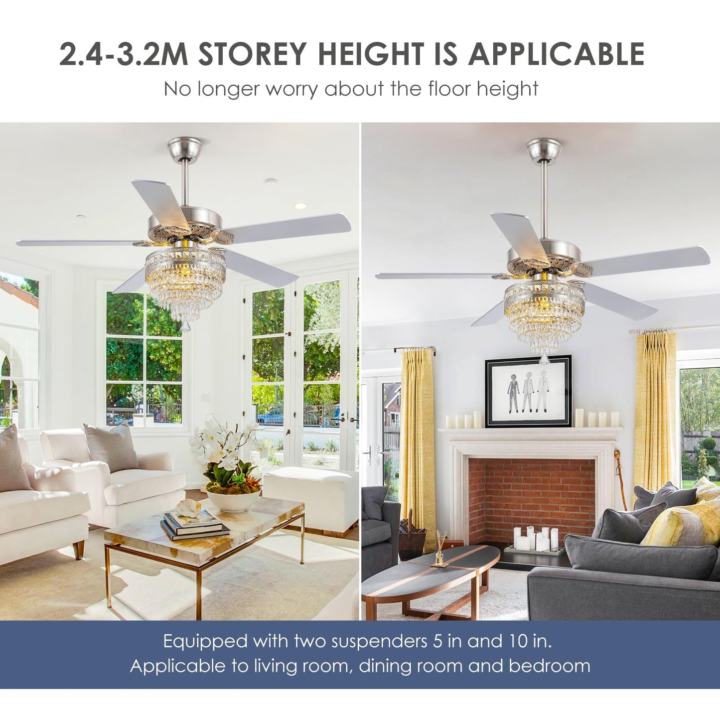 Kviflon 52/ 62 inch Crystal Ceiling Fan with Light