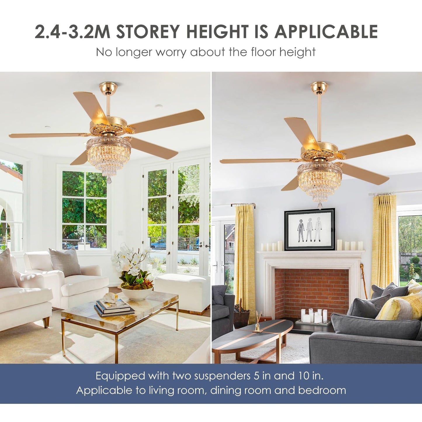 Kviflon 62 inch Crystal Ceiling Fan with Light