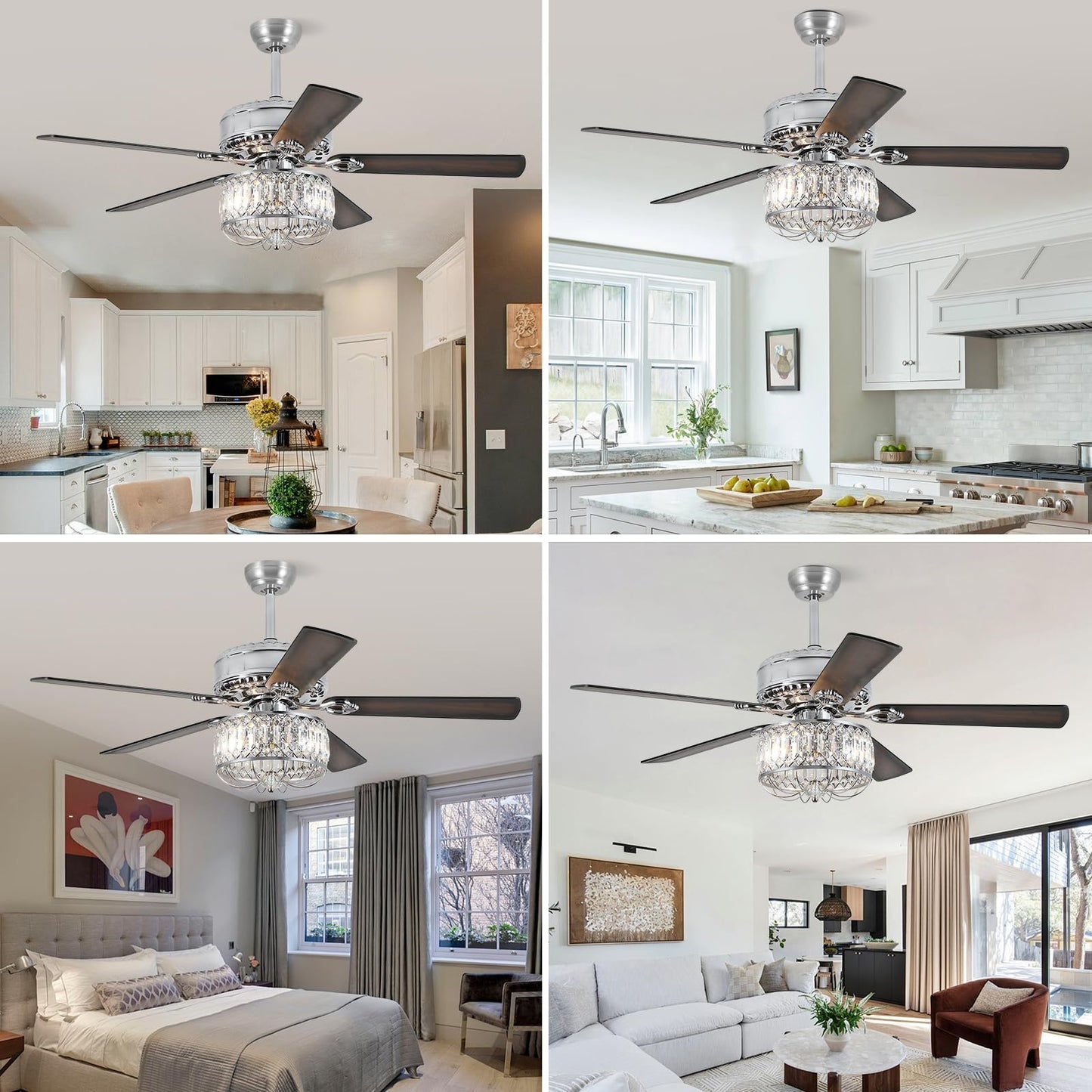 52" Crystal Ceiling Fan with Light,Modern Indoor and Outdoor Ceiling Fan,for Kitchen,Dining Room,Bedroom