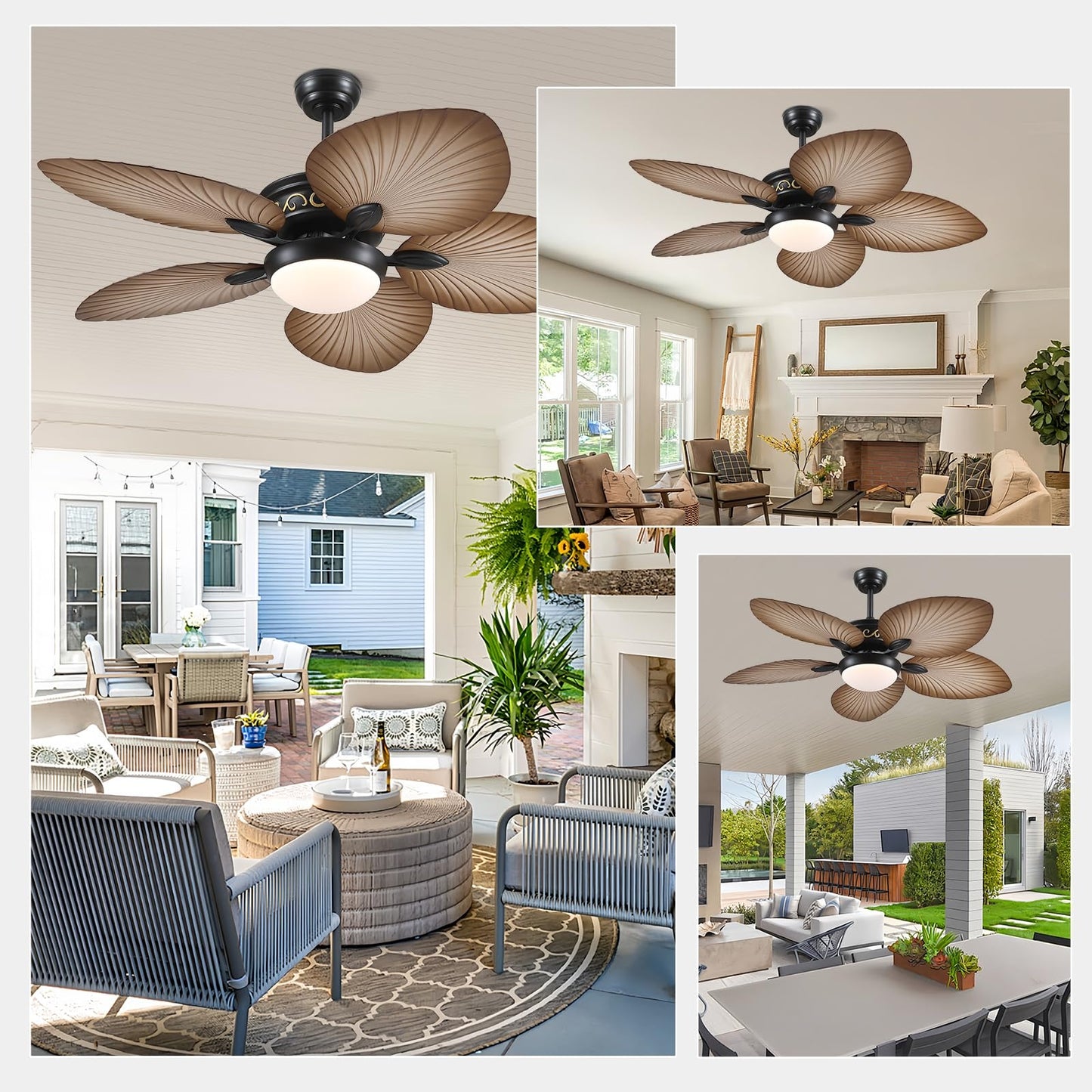 52 Inches Wood Grain Palm Leaf Blades Ceiling Fan with light