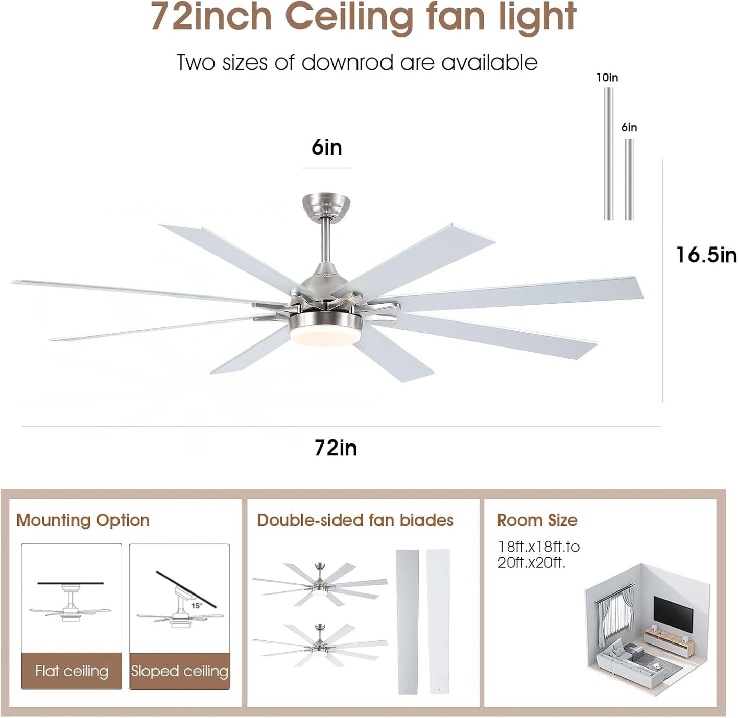 72 Inch Ceiling Fan with Light,8 Plywood Blades,Downrod LED Ceiling Fan,for Living Room,Warehouse,Patio