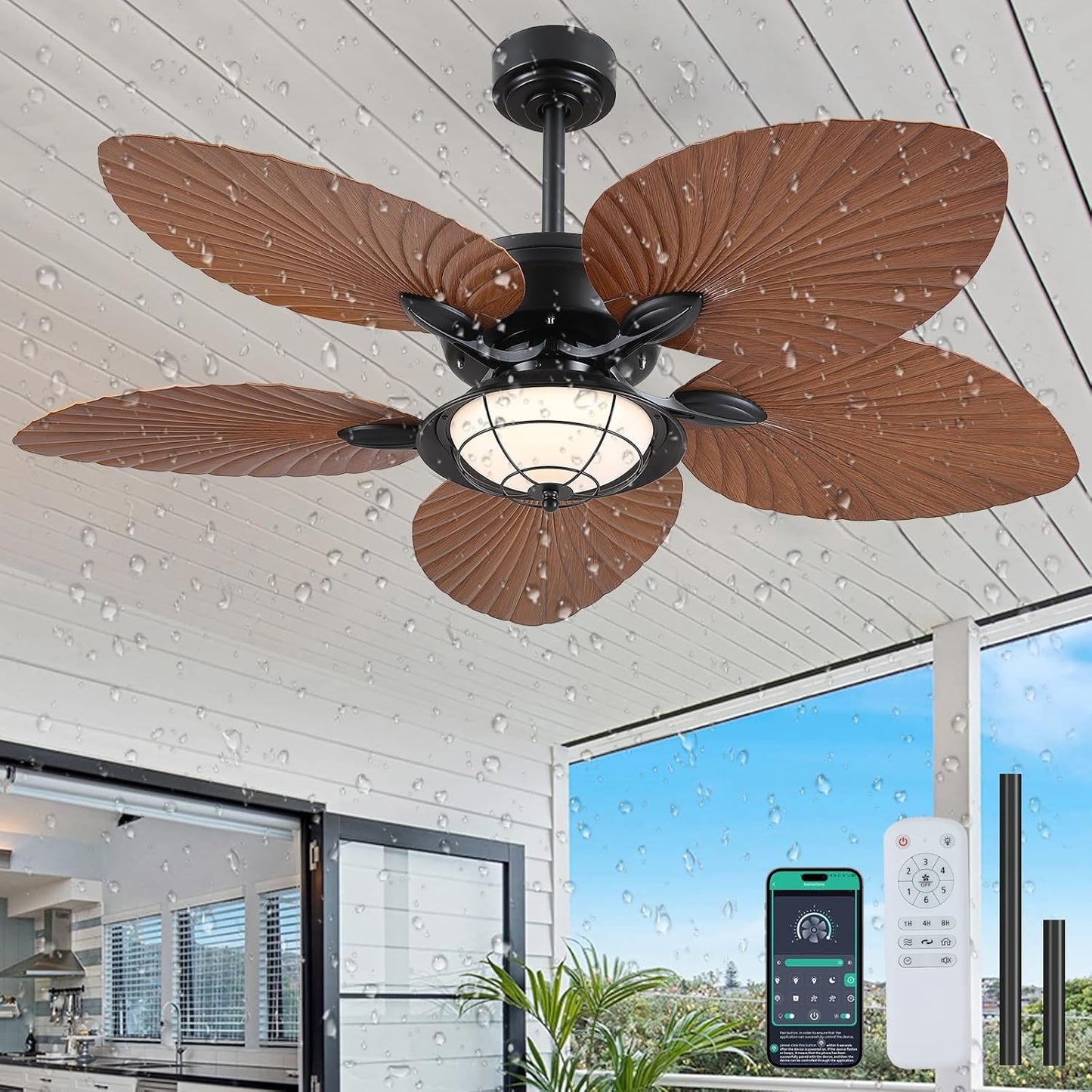52" Waterproof Outdoor Palm Leaf Ceiling Fans with Lights and Remote,Wet Rated Tropical Ceiling Fans for Patios Porch Gazebo Pergola