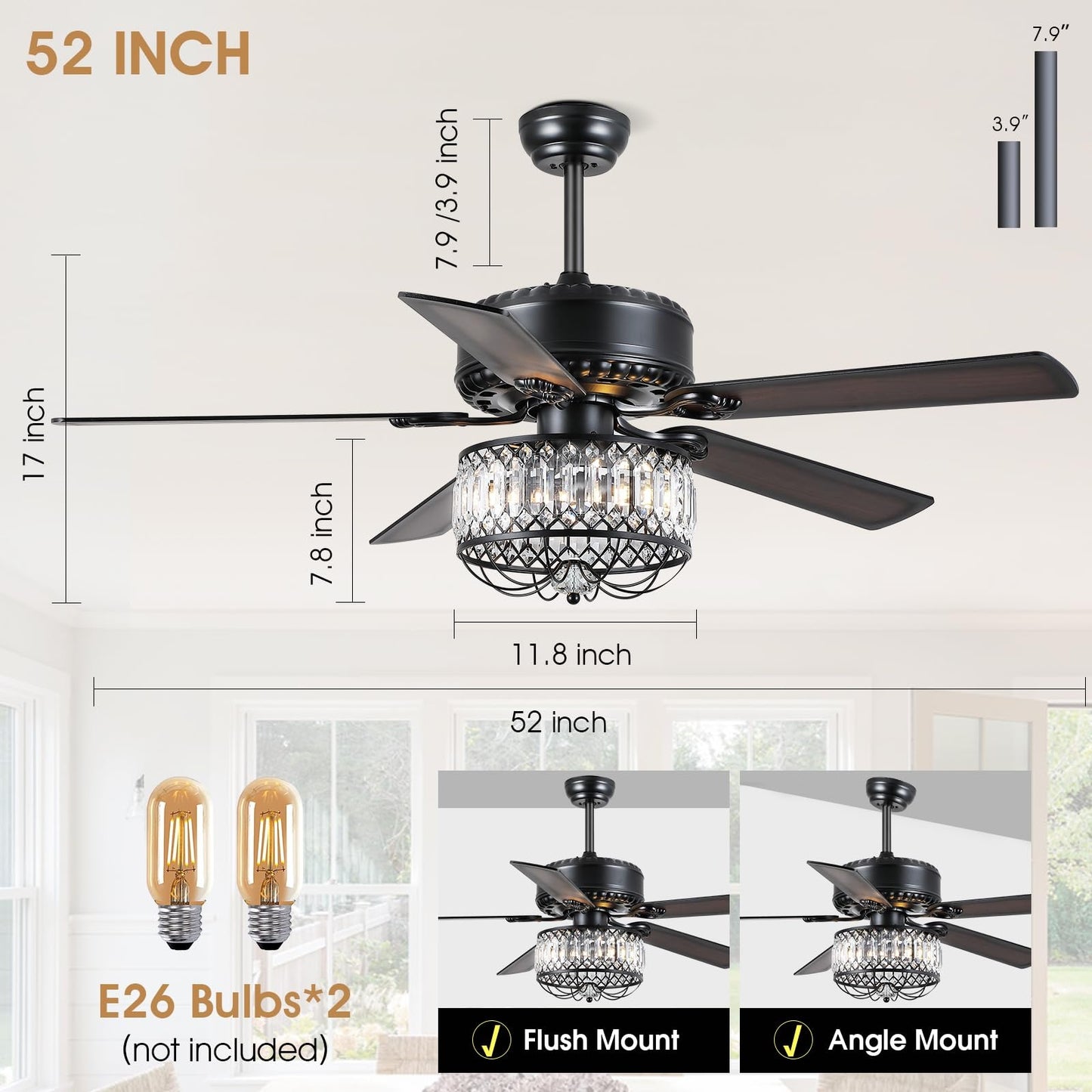 52 Inches Downrod Crystal Ceiling Fan with Light, different Decor Style,for Kitchen,Dining Room,Bedroom