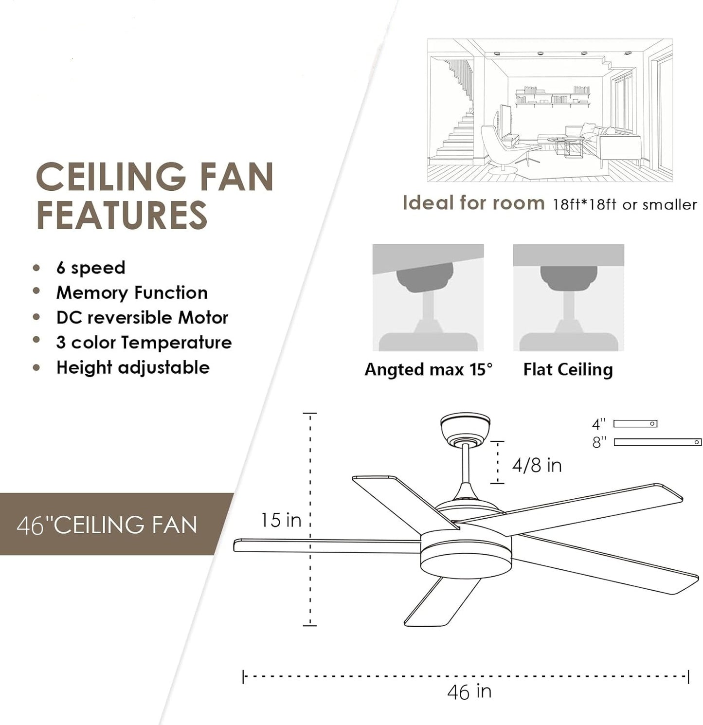 46 Downrod Ceiling Fan with Light-Nickle