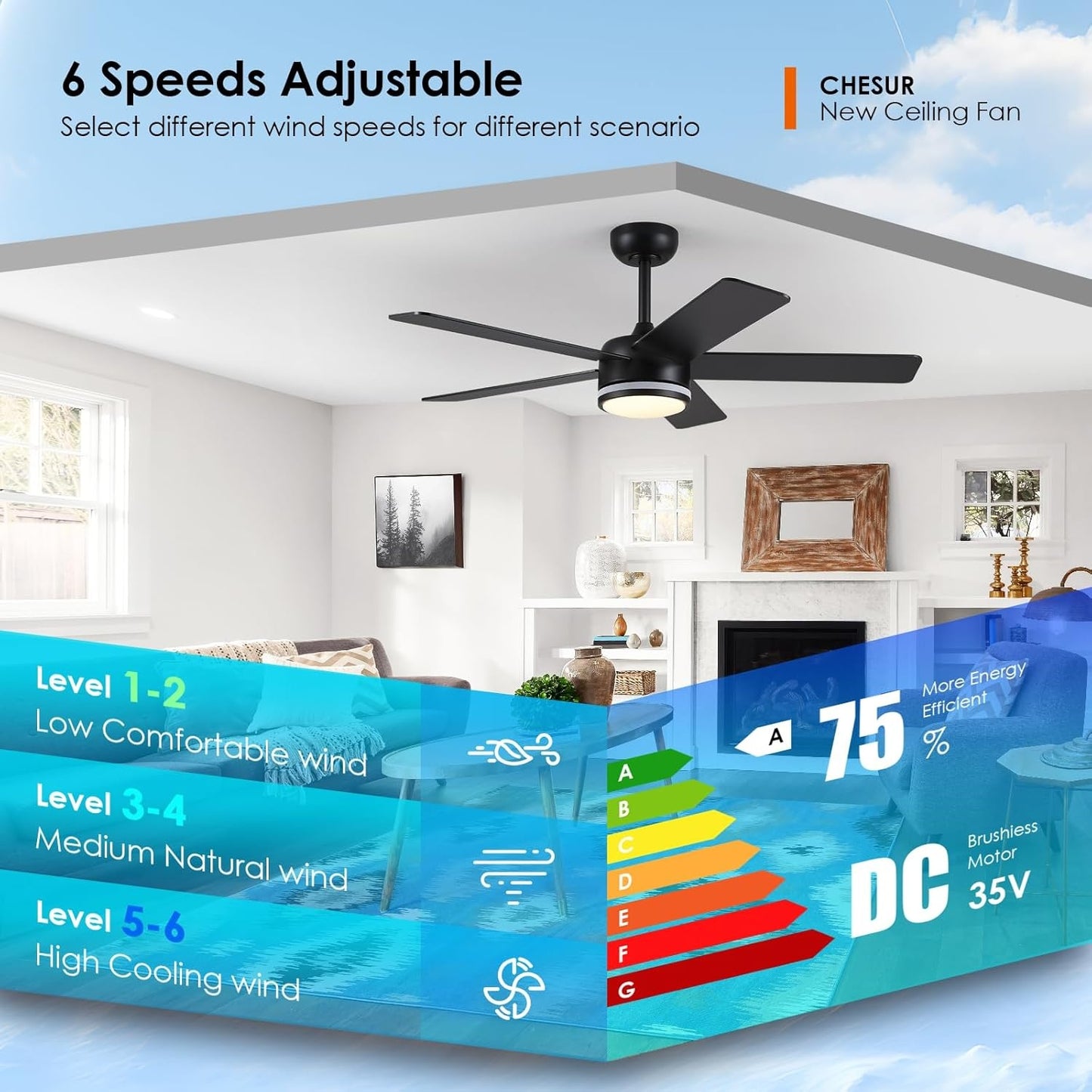 46 Inches Black RGB Ceiling Fan with Light