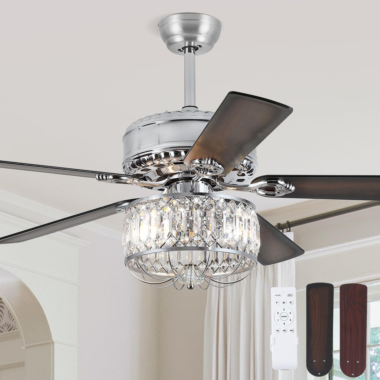 52 Inches Downrod Ceiling Fan with Light,Crystal Ceiling Fan Light for different decor needs,for Kitchen,Dining Room,Bedroom