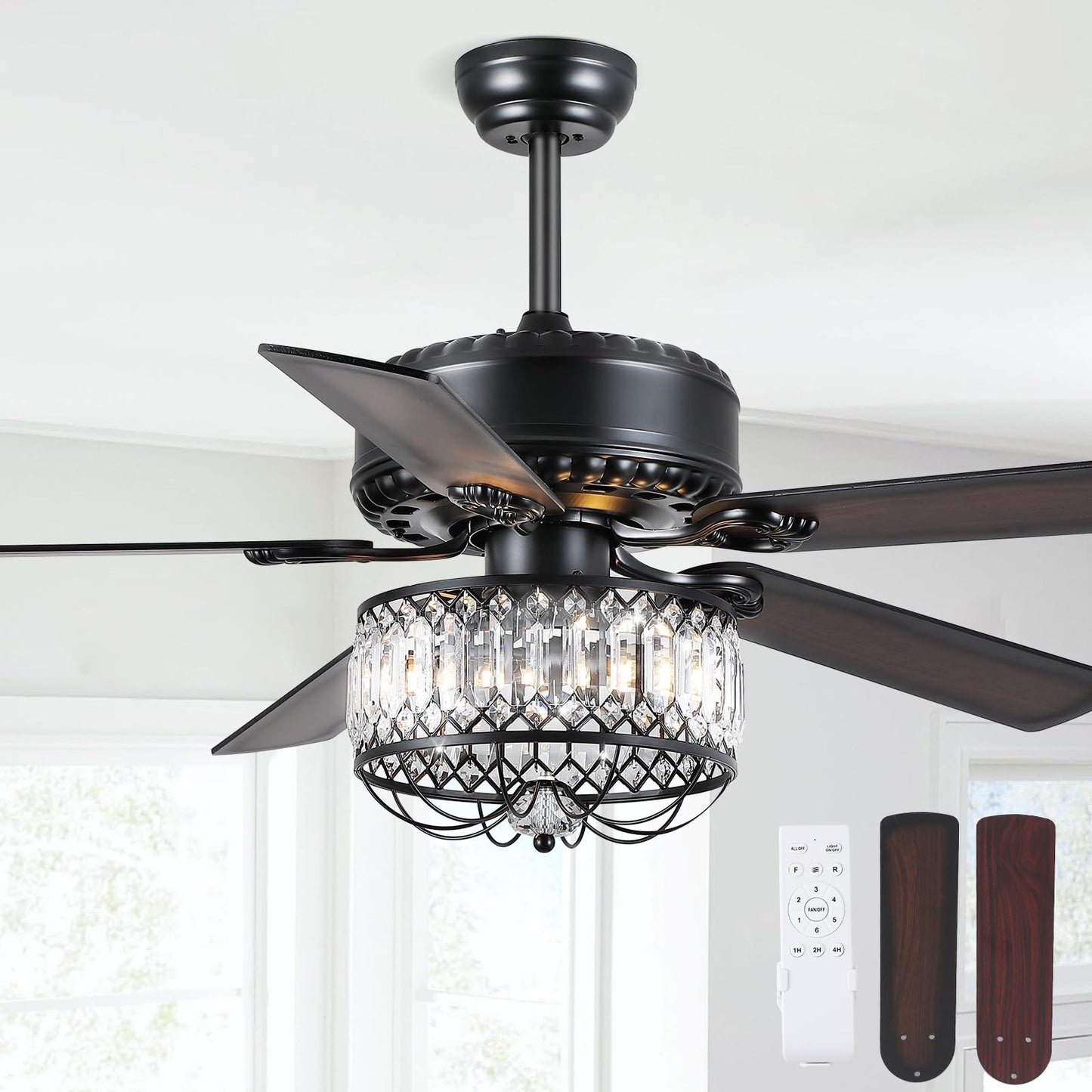 52 Inches Downrod Ceiling Fan with Light,Crystal Ceiling Fan Light for different decor needs,for Kitchen,Dining Room,Bedroom