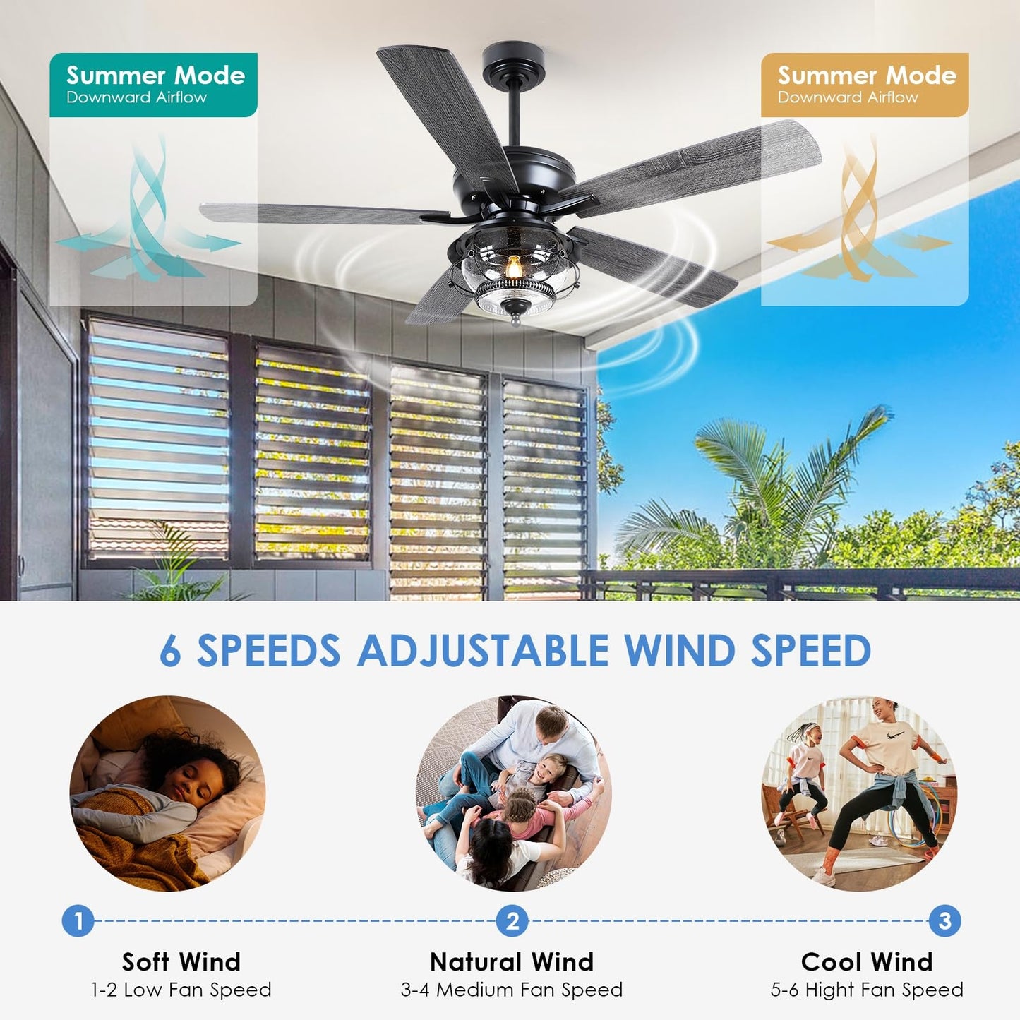 52" Outdoor Ceiling Fans with Light and Remote, Waterproof Wet Rated Ceiling Fan, 6 Speeds Reversible Blades for Kitchen,Dining Room,Outside Patios