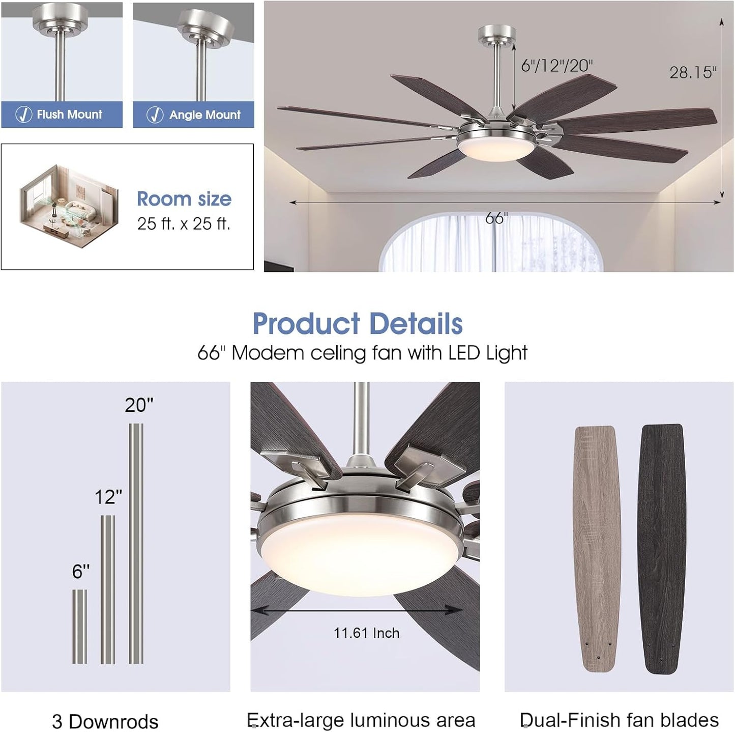 66 Inches Ceiling Fan with Light