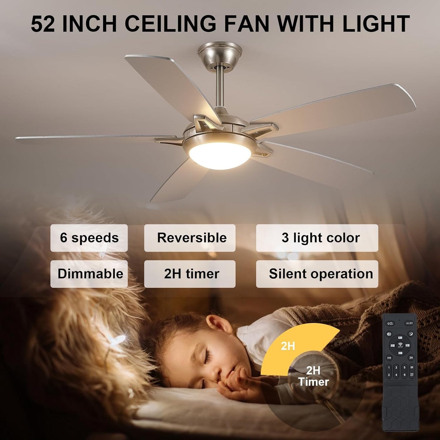 52 Inch nickle Ceiling Fan with Light