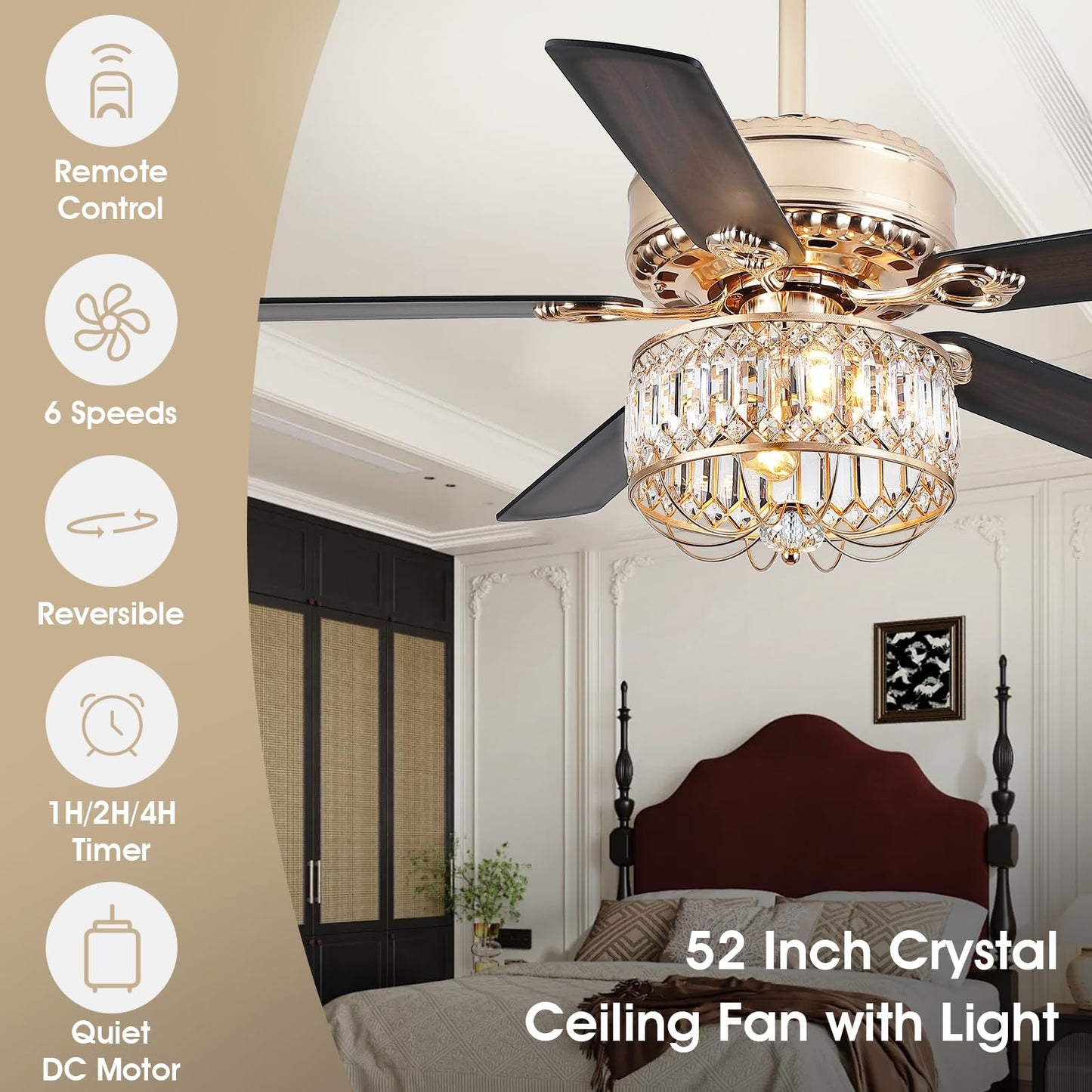 52" Crystal Ceiling Fan Fandelier with Lights,Modern Outdoor Fans with Remote Control