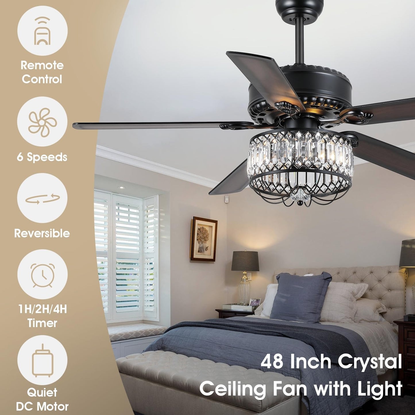 52 Inches Downrod Crystal Ceiling Fan with Light, different Decor Style,for Kitchen,Dining Room,Bedroom