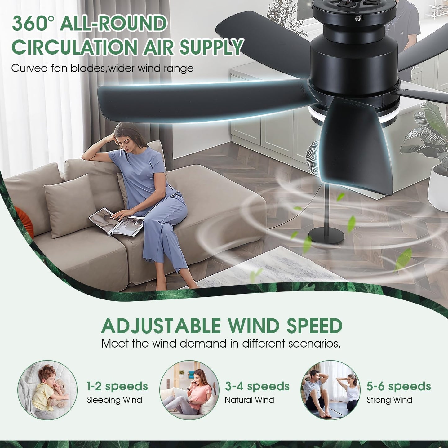 41 Inches Ceiling Fan with Light,App and Remote Control,5 Blades, Reversible DC Motor