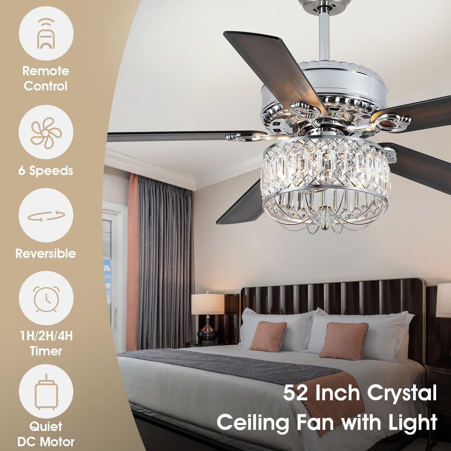 52" Crystal Ceiling Fan with Light,Modern Indoor and Outdoor Ceiling Fan,for Kitchen,Dining Room,Bedroom