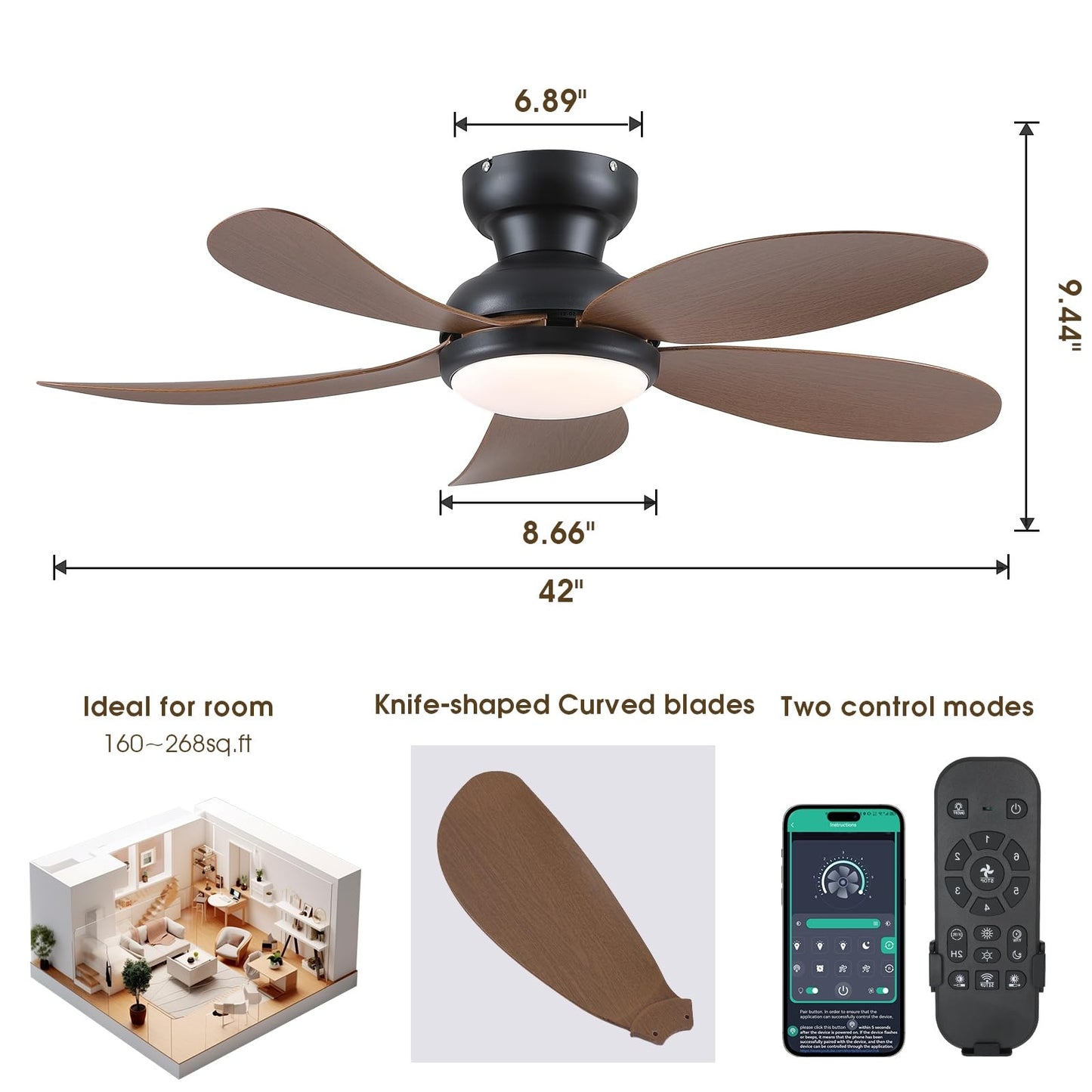 42 Inch Low Profile Ceiling Fan with Brown Blades