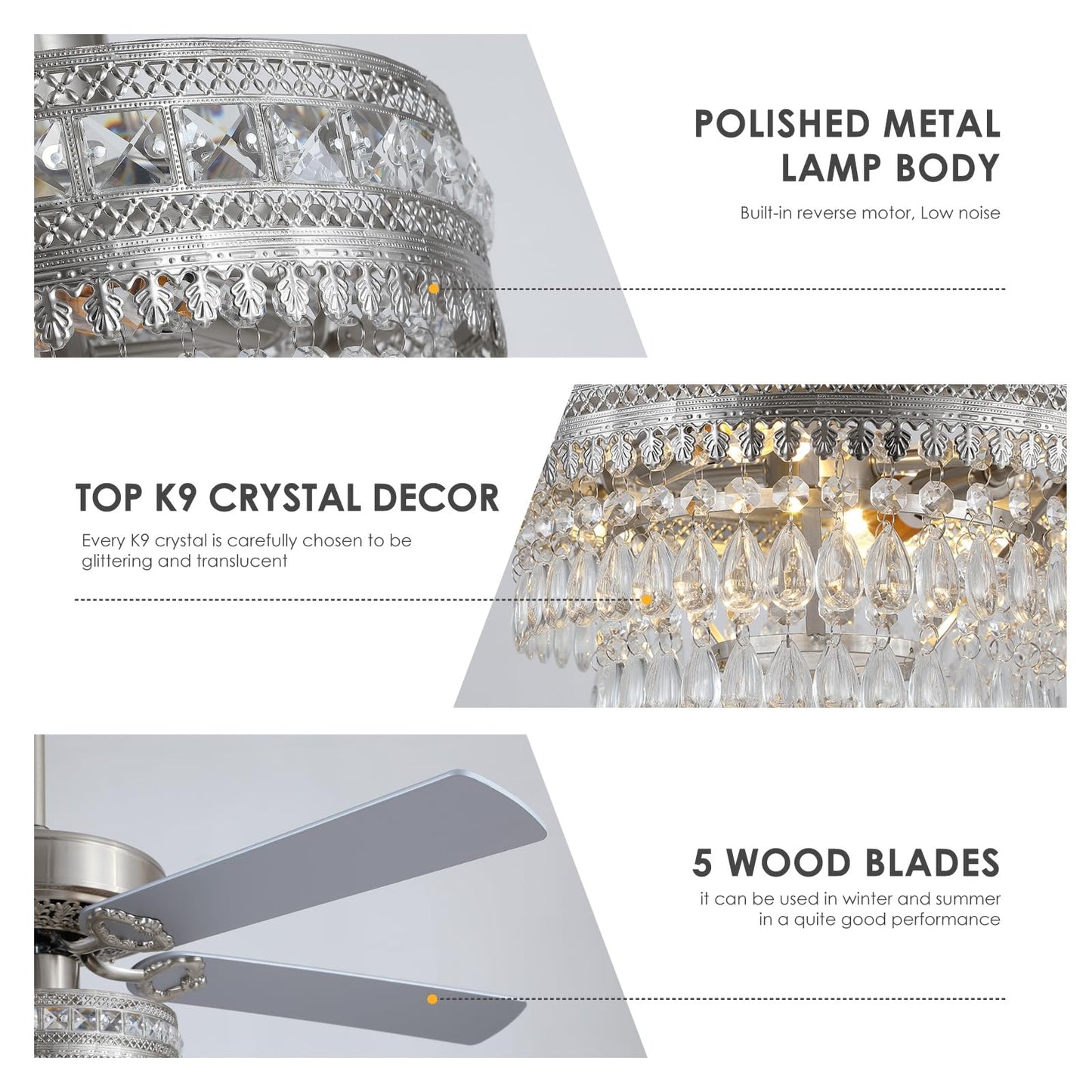 Chandelier Ceiling Fan with Remote, 52 Inch Crystal Fan Light, Indoor Fan Ceiling with 3 Speed, Silent Reversible Motor, Dual-Sided Blades, Timer