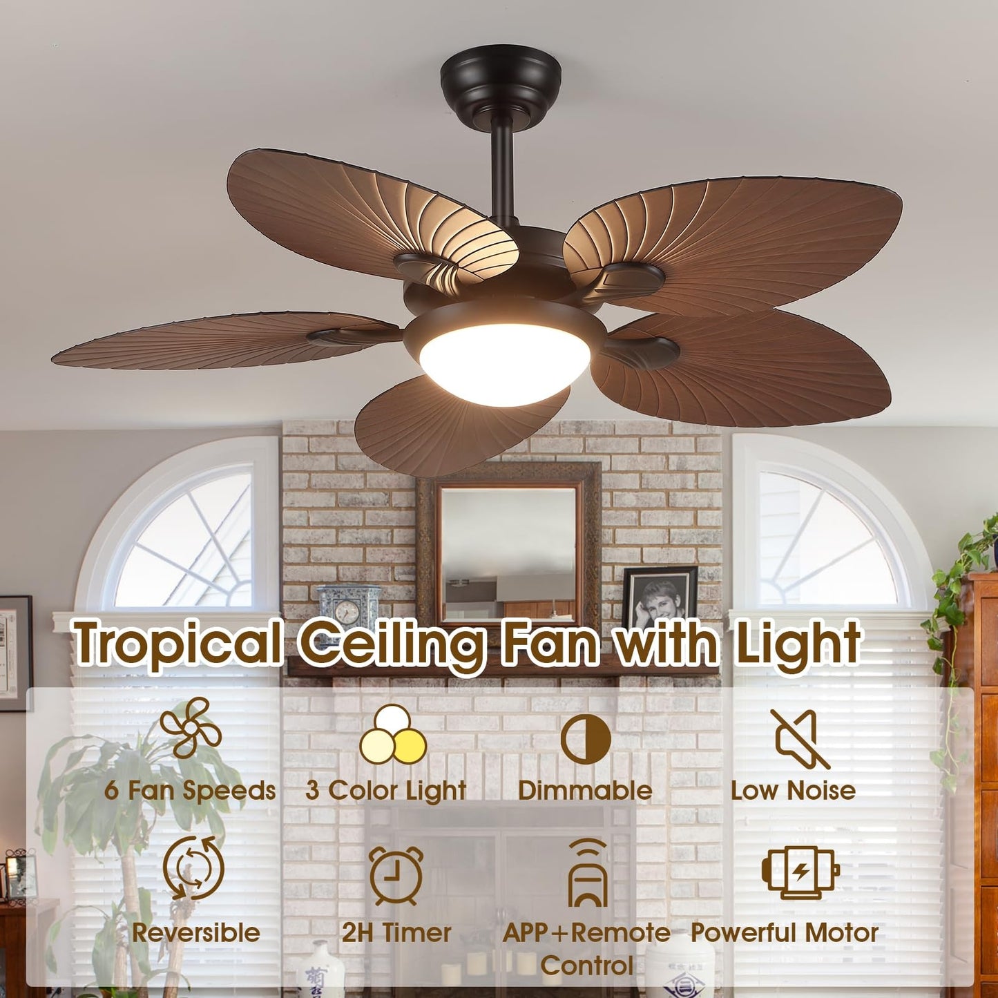 44 Inch Tropical Ceiling Fan with LED Lights, 5 Palm Leaf Blades,6 Speed,Dimmable LED,Light Brown,for Kitchen,Dining Room,Patio
