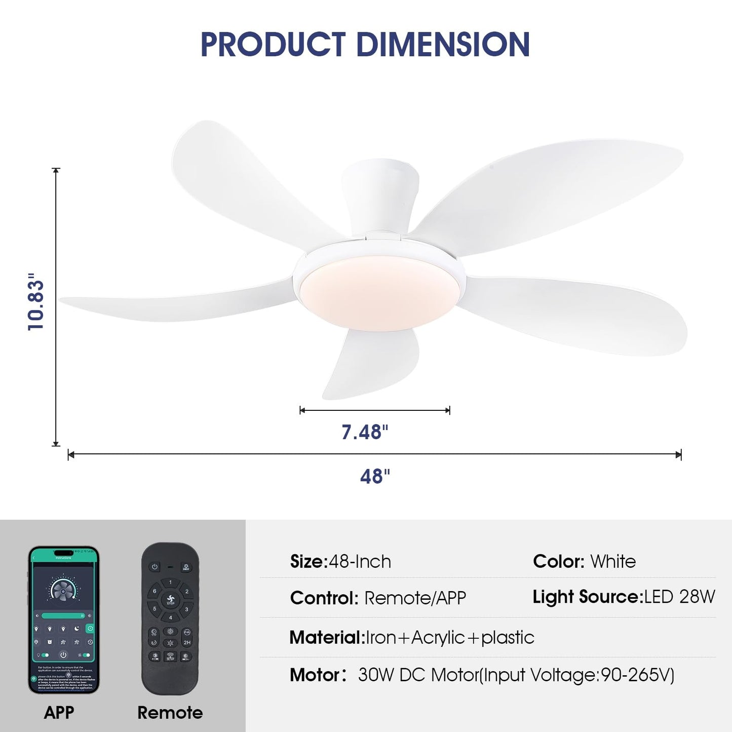 48 Inches Flush Mount Ceiling Fan with Light