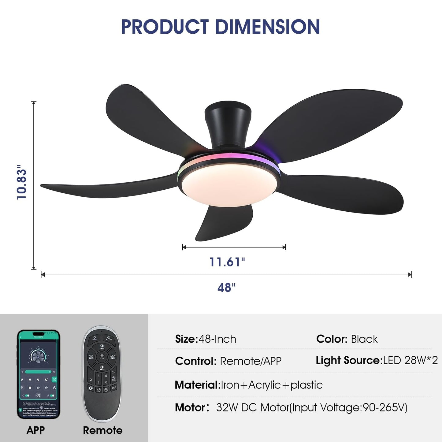 48 Inch Ceiling Fan with Light,RGB LED Light,Flush Mount Base, Five Reversible Blades