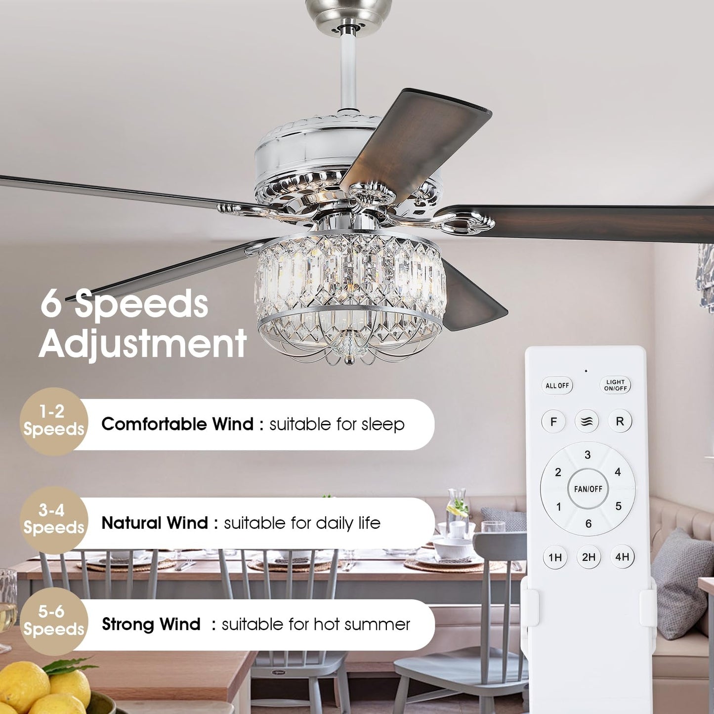 52" Crystal Ceiling Fan with Light,Modern Indoor and Outdoor Ceiling Fan,for Kitchen,Dining Room,Bedroom