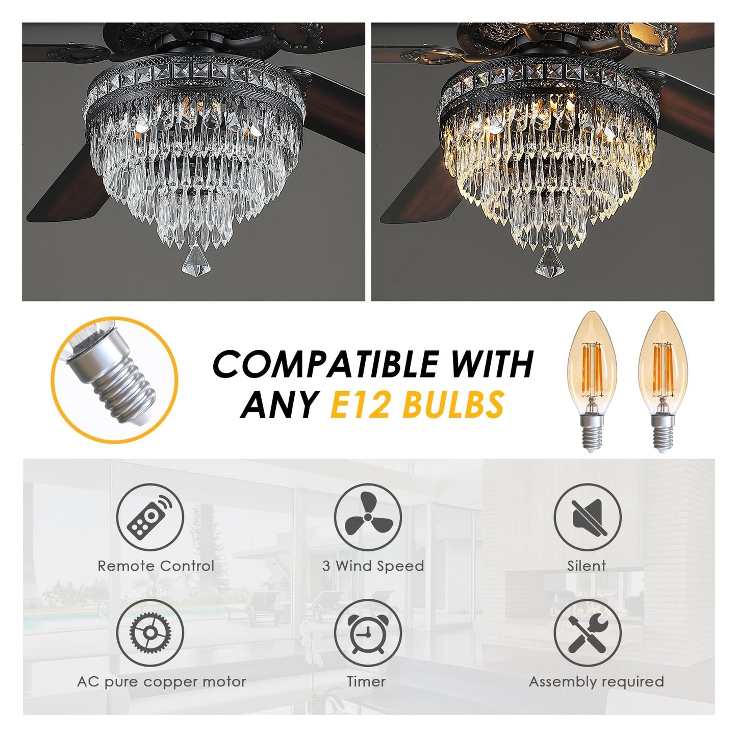 Kviflon 62 inch Crystal Ceiling Fan with Light