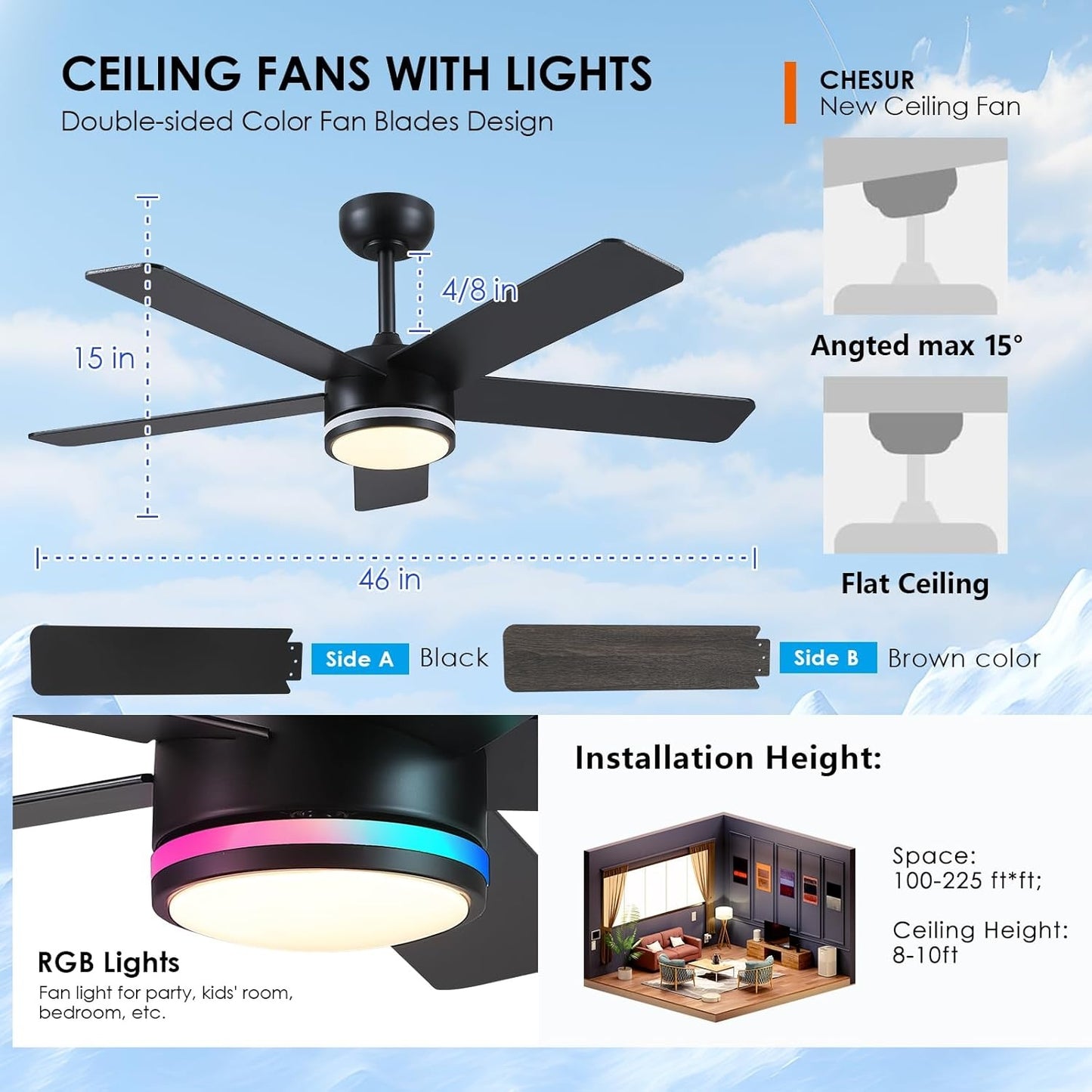 46 Inches Black RGB Ceiling Fan with Light