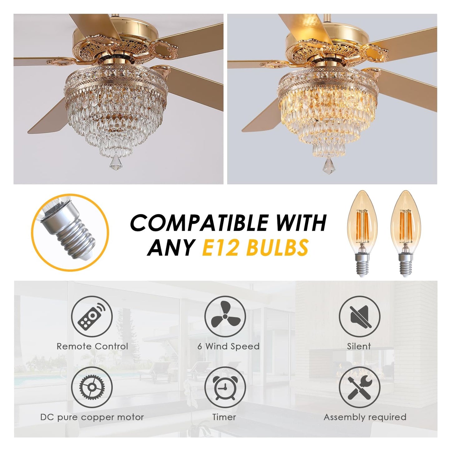 Kviflon 62 inch Crystal Ceiling Fan with Light