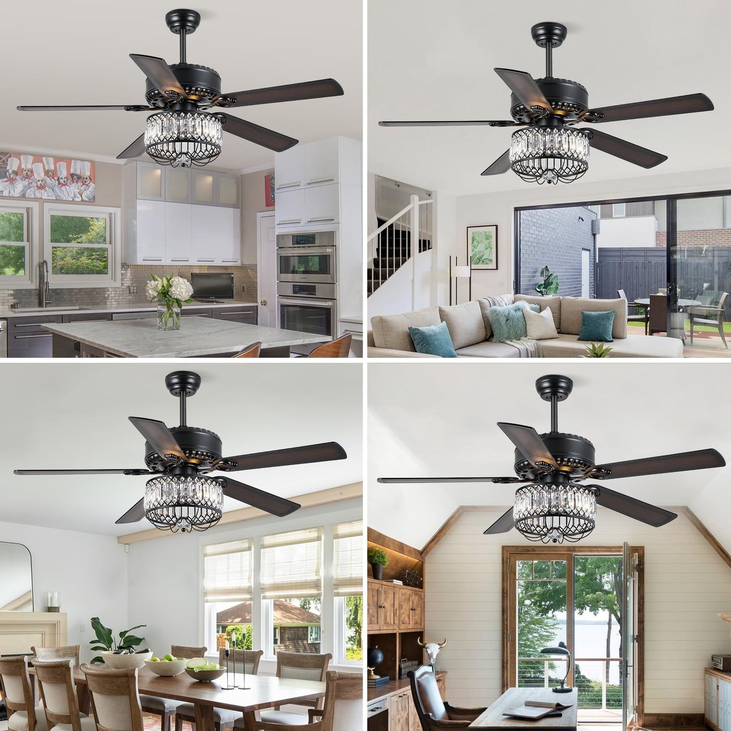 52 Inches Downrod Crystal Ceiling Fan with Light, different Decor Style,for Kitchen,Dining Room,Bedroom