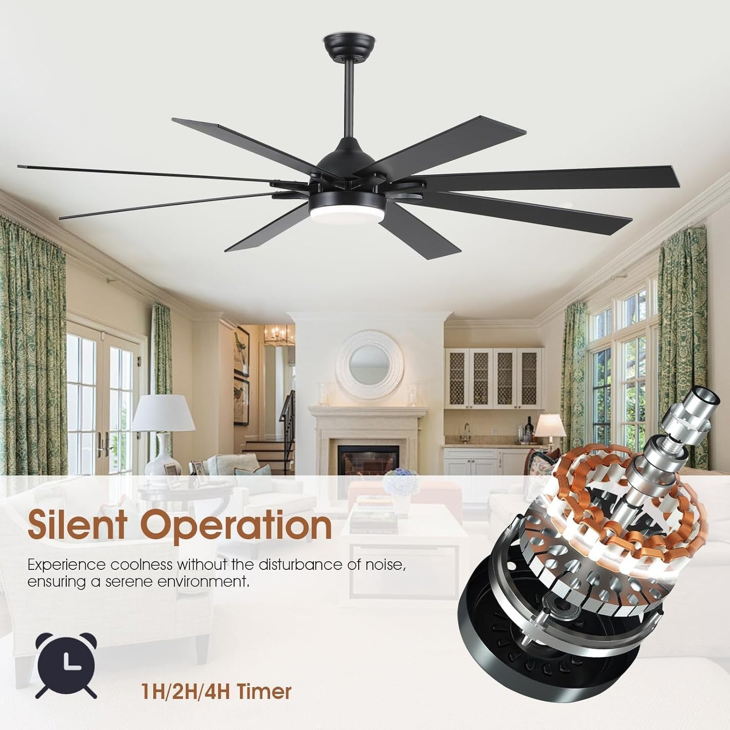 72 Inch Ceiling Fan with Light,Downrod LED Ceiling Fan,8 Plywood Blades