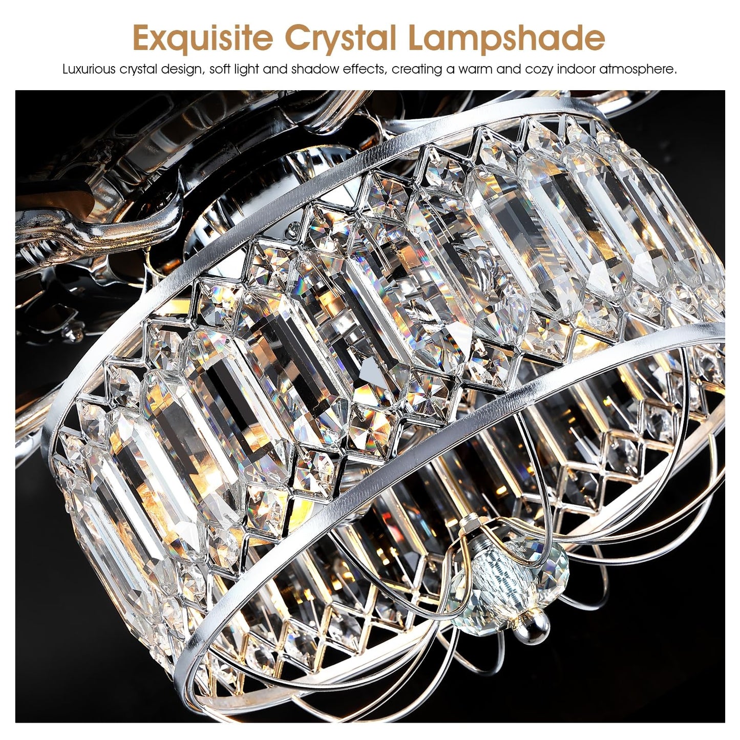 52" Crystal Ceiling Fan with Light,Modern Indoor and Outdoor Ceiling Fan,for Kitchen,Dining Room,Bedroom