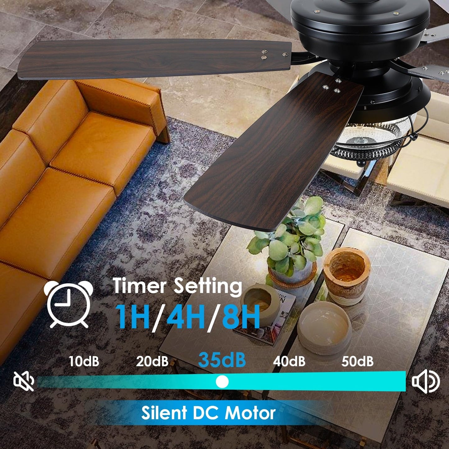 52" Outdoor Ceiling Fans with Light and Remote, Waterproof Wet Rated Ceiling Fan, 6 Speeds Reversible Blades for Kitchen,Dining Room,Outside Patios