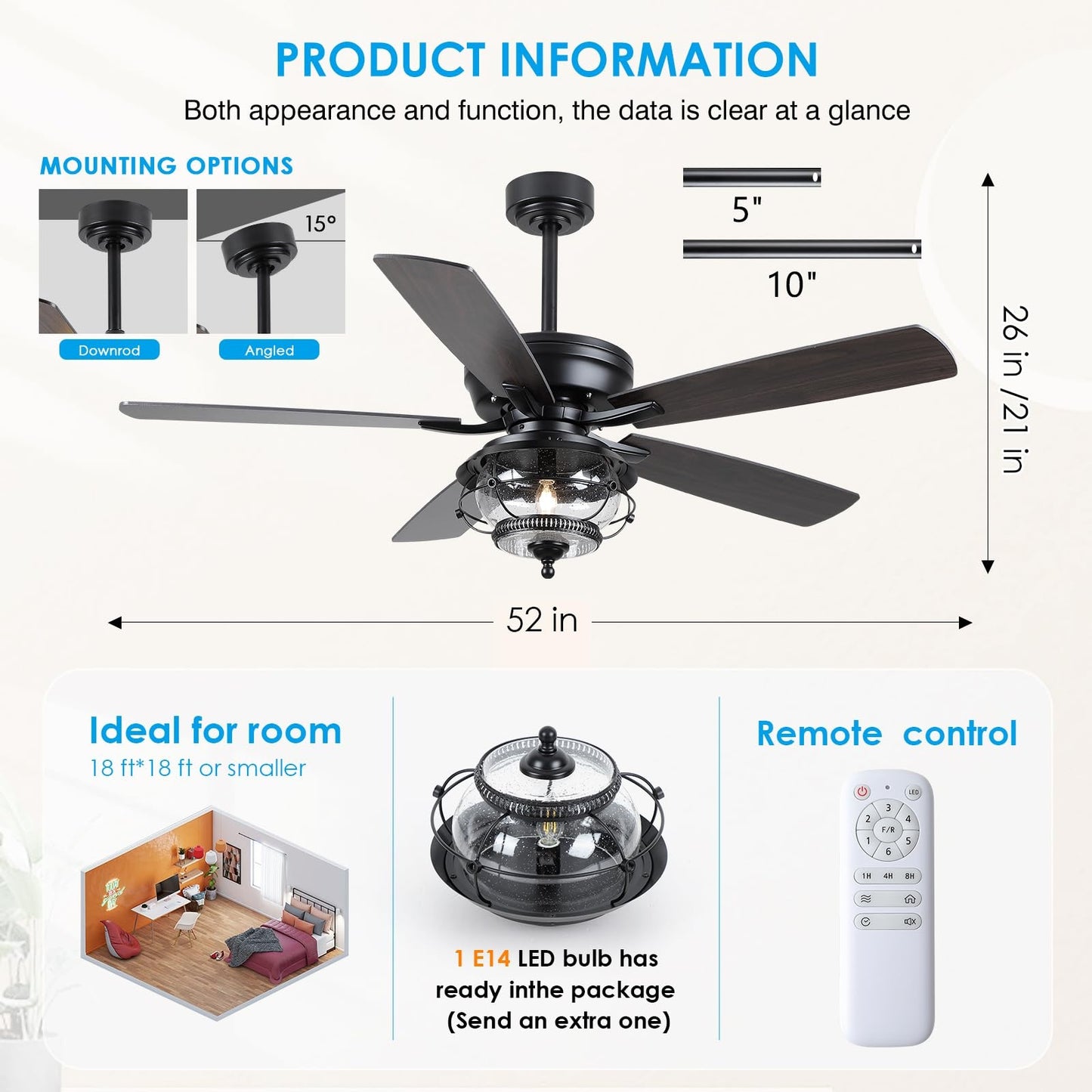 52" Outdoor Ceiling Fans with Light and Remote, Waterproof Wet Rated Ceiling Fan, 6 Speeds Reversible Blades for Kitchen,Dining Room,Outside Patios