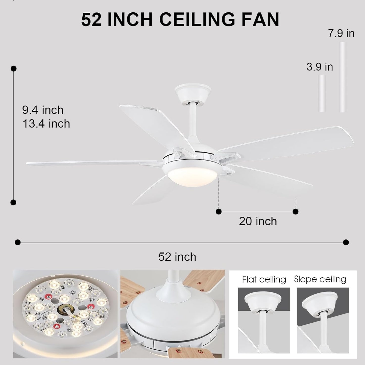 52 Inch White Ceiling Fan with LED