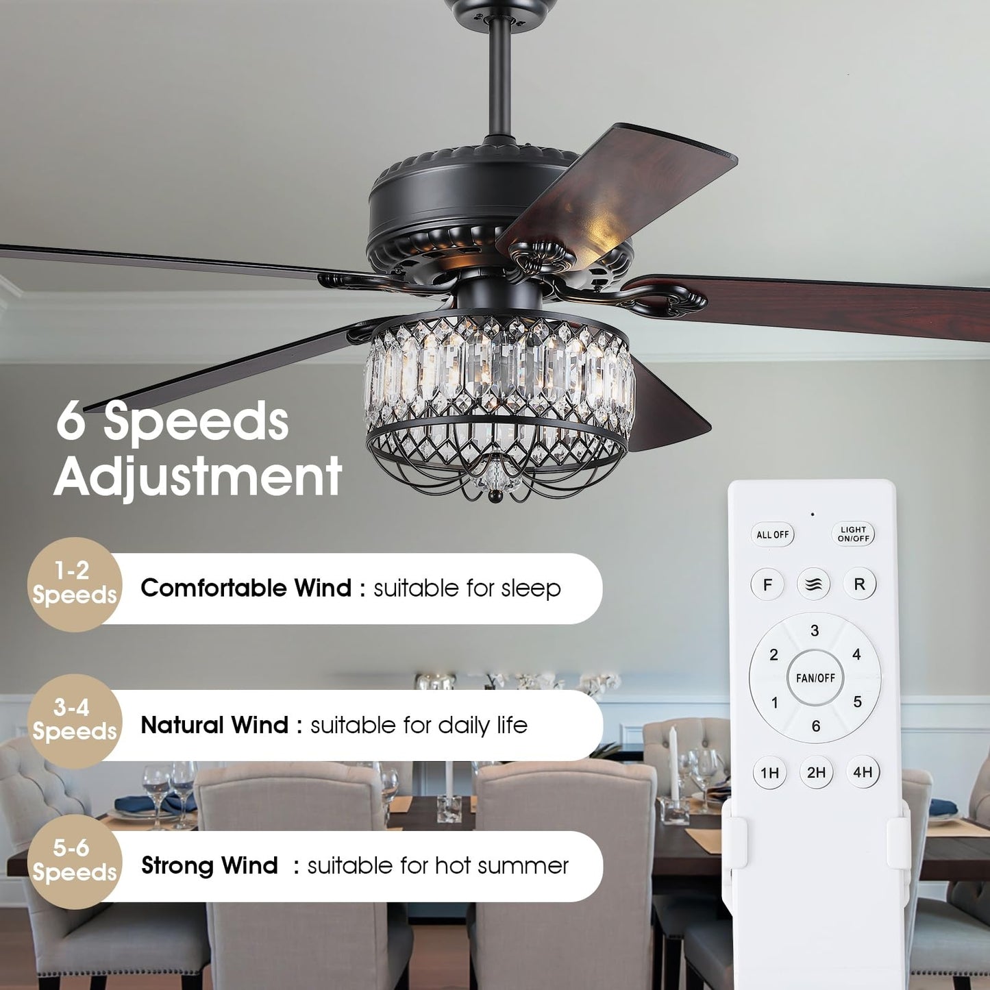 52 Inches Downrod Crystal Ceiling Fan with Light, different Decor Style,for Kitchen,Dining Room,Bedroom