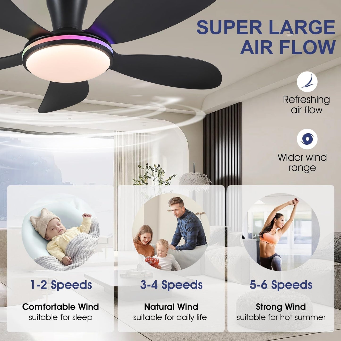 48 Inch Ceiling Fan with Light,RGB LED Light,Flush Mount Base, Five Reversible Blades