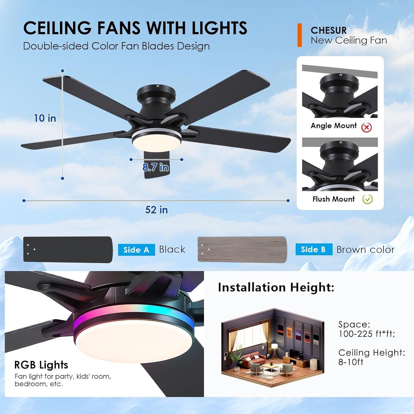 52 Inch Ceiling Fan with 5 Plywood Blades,Dual Blades
