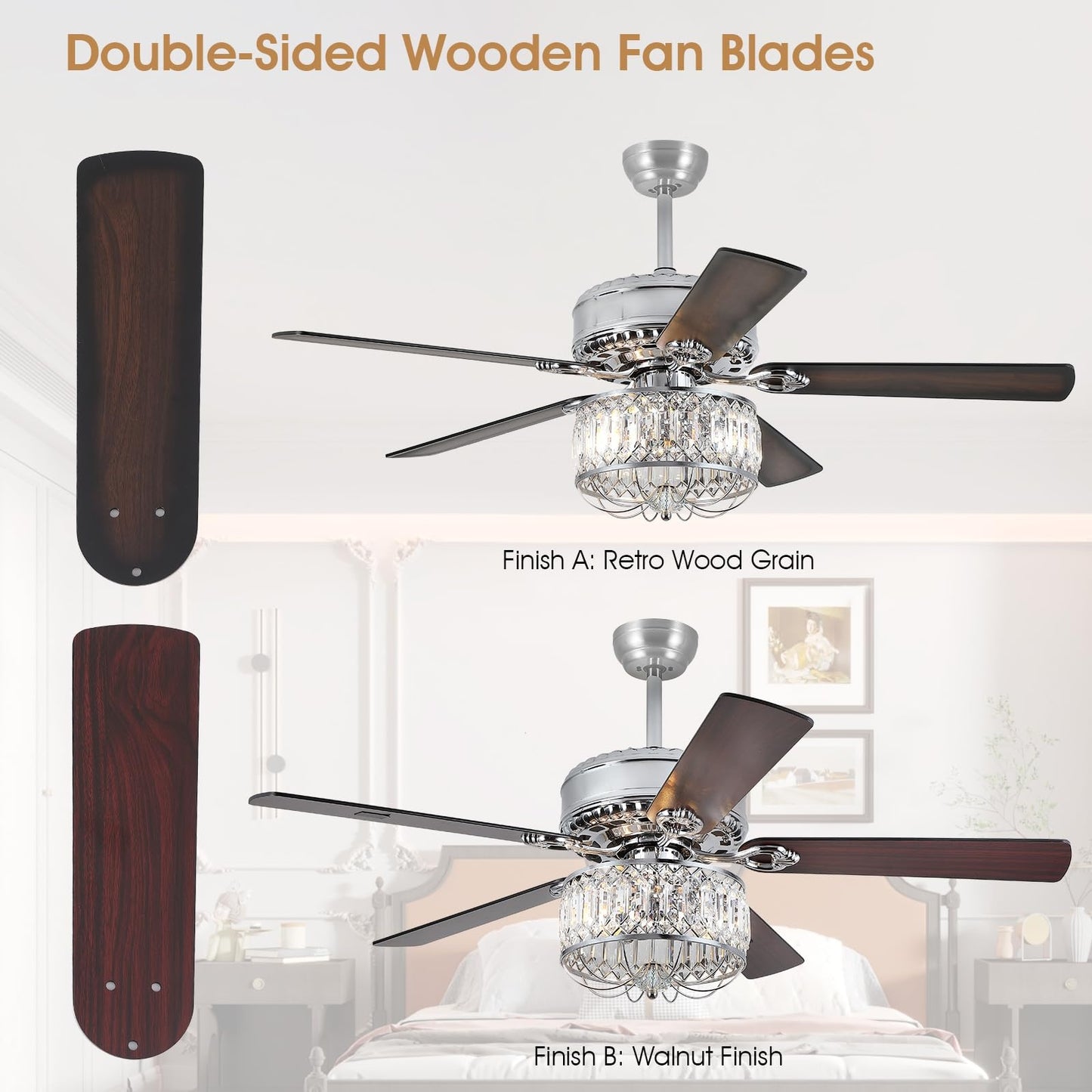 52" Crystal Ceiling Fan with Light,Modern Indoor and Outdoor Ceiling Fan,for Kitchen,Dining Room,Bedroom