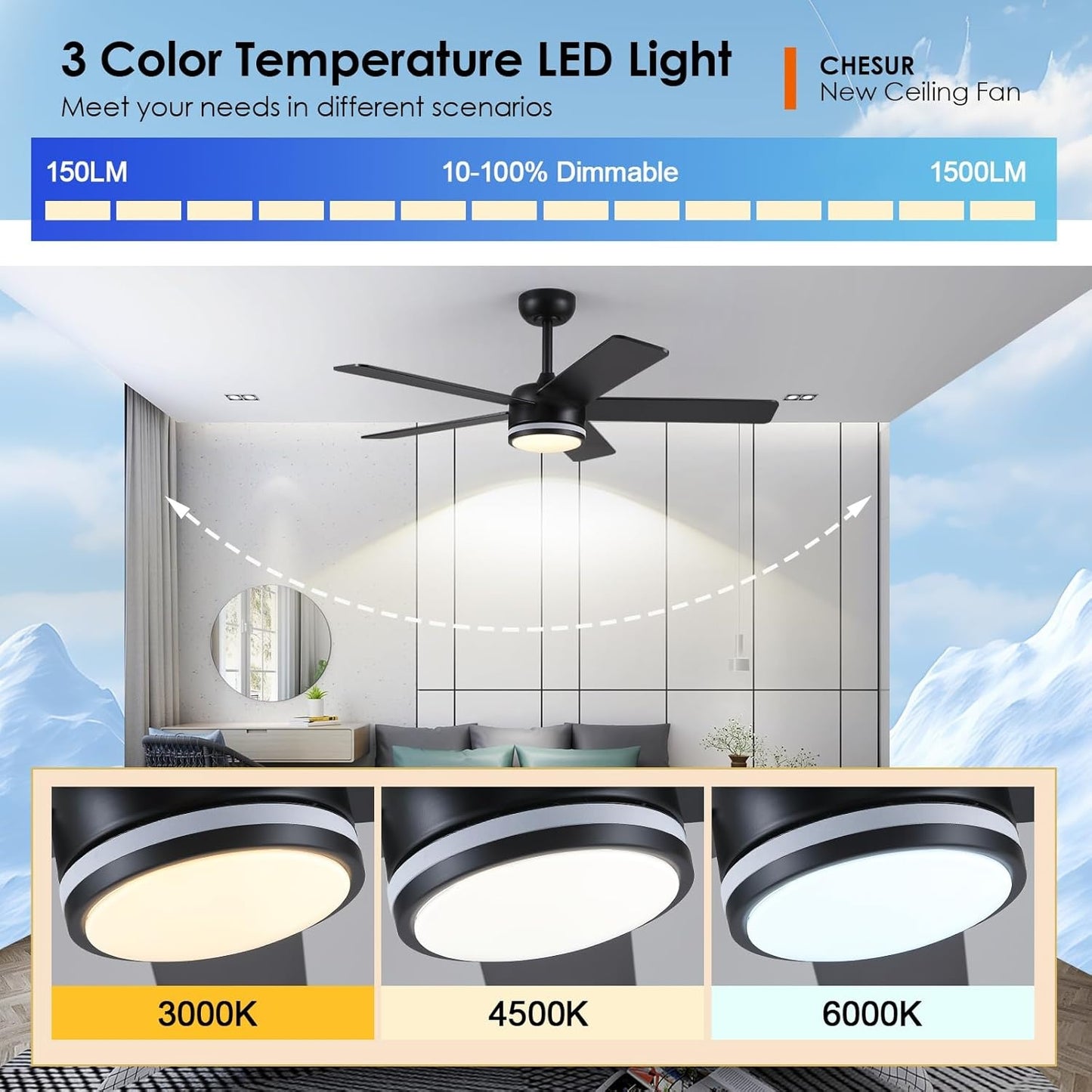 46 Inches Black RGB Ceiling Fan with Light