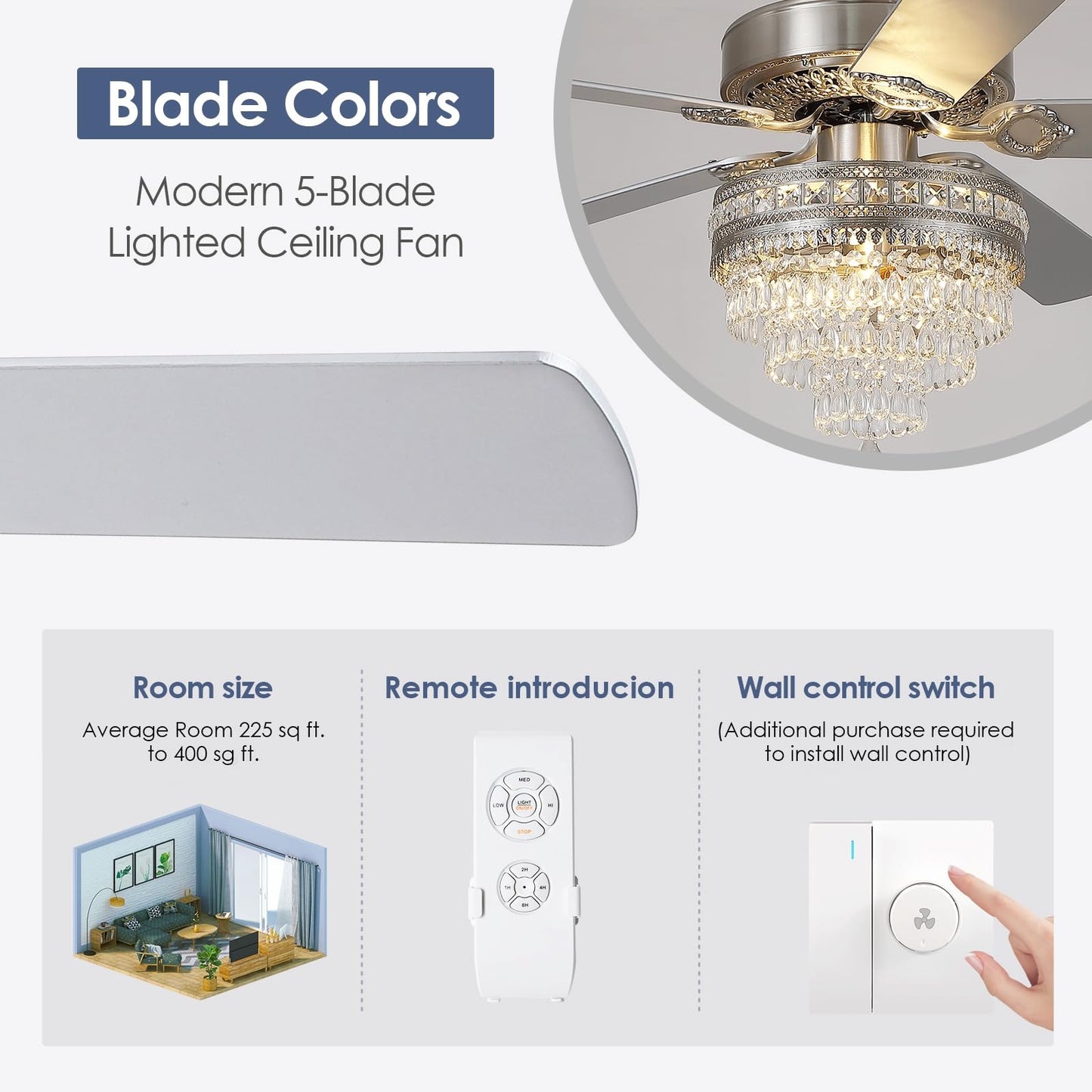 Chandelier Ceiling Fan with Remote, 52 Inch Crystal Fan Light, Indoor Fan Ceiling with 3 Speed, Silent Reversible Motor, Dual-Sided Blades, Timer