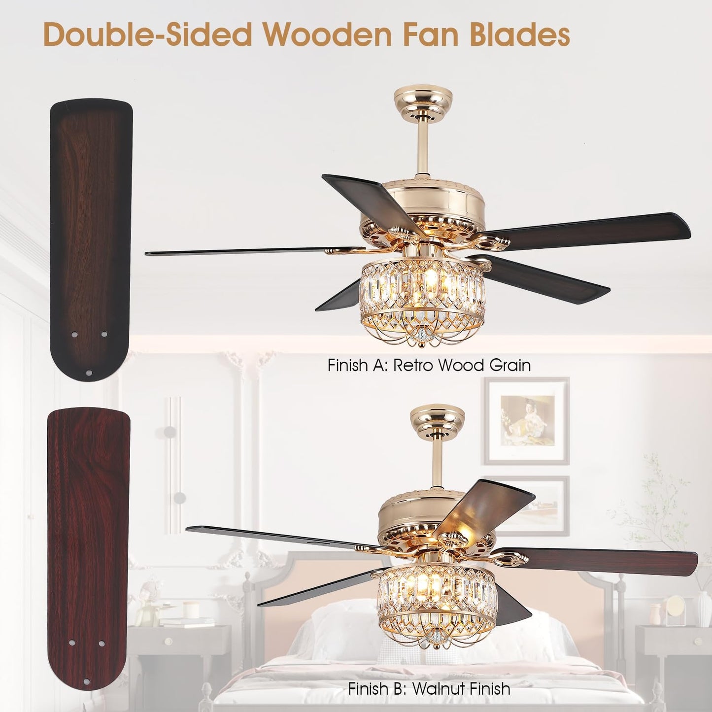 52 Inches Downrod Ceiling Fan with Light,Crystal Ceiling Fan Light for different decor needs,for Kitchen,Dining Room,Bedroom