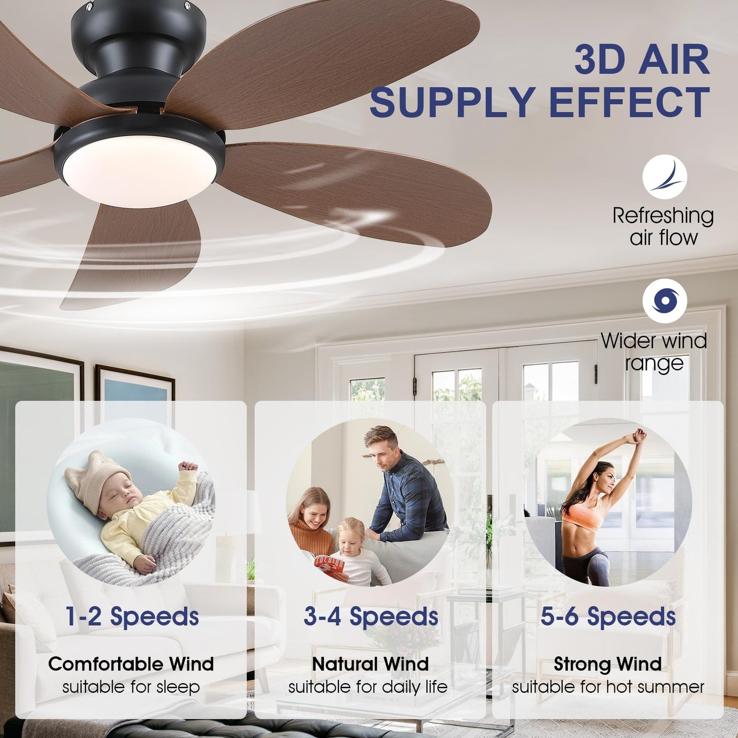 42 Inch Low Profile Ceiling Fan with Brown Blades