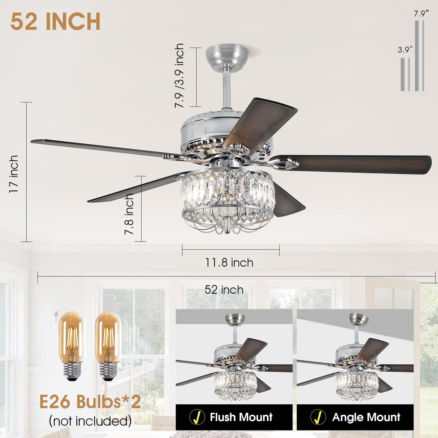 52" Crystal Ceiling Fan with Light,Modern Indoor and Outdoor Ceiling Fan,for Kitchen,Dining Room,Bedroom