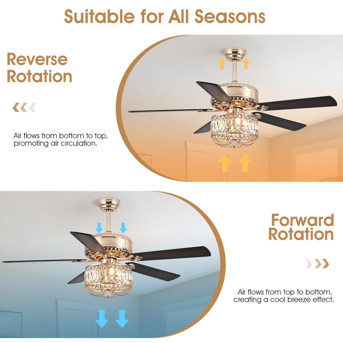 52 Inches Downrod Ceiling Fan with Light,Crystal Ceiling Fan Light for different decor needs,for Kitchen,Dining Room,Bedroom