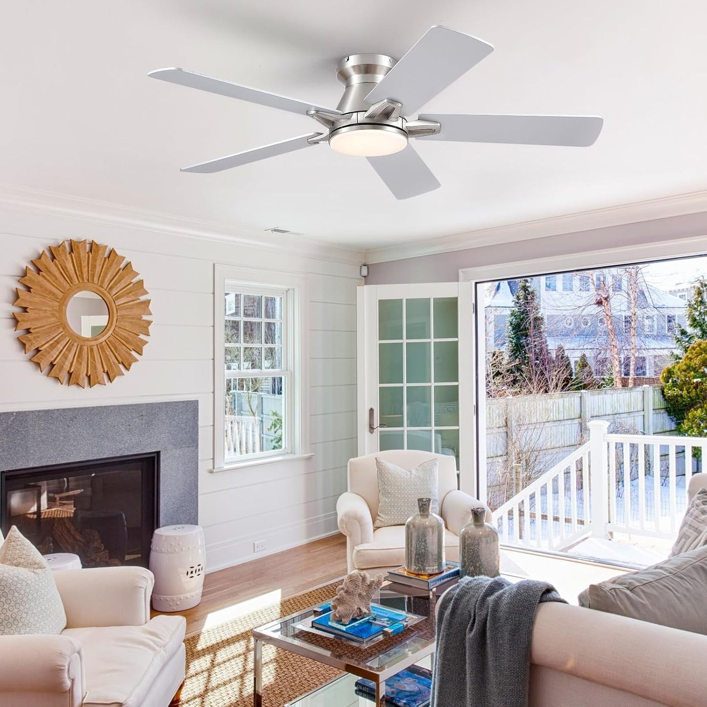 52 Inch Flush Mount Ceiling Fan with Light-NIckle