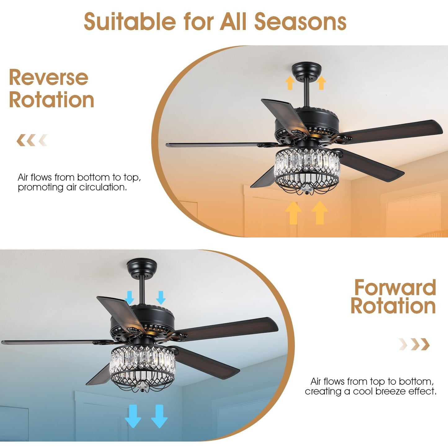 52 Inches Downrod Crystal Ceiling Fan with Light, different Decor Style,for Kitchen,Dining Room,Bedroom