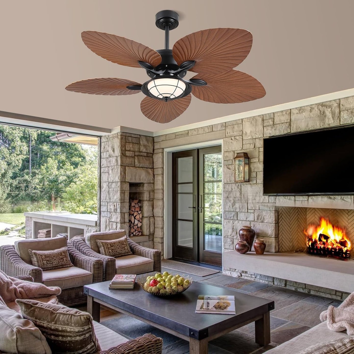 52" Waterproof Outdoor Palm Leaf Ceiling Fans with Lights and Remote,Wet Rated Tropical Ceiling Fans for Patios Porch Gazebo Pergola