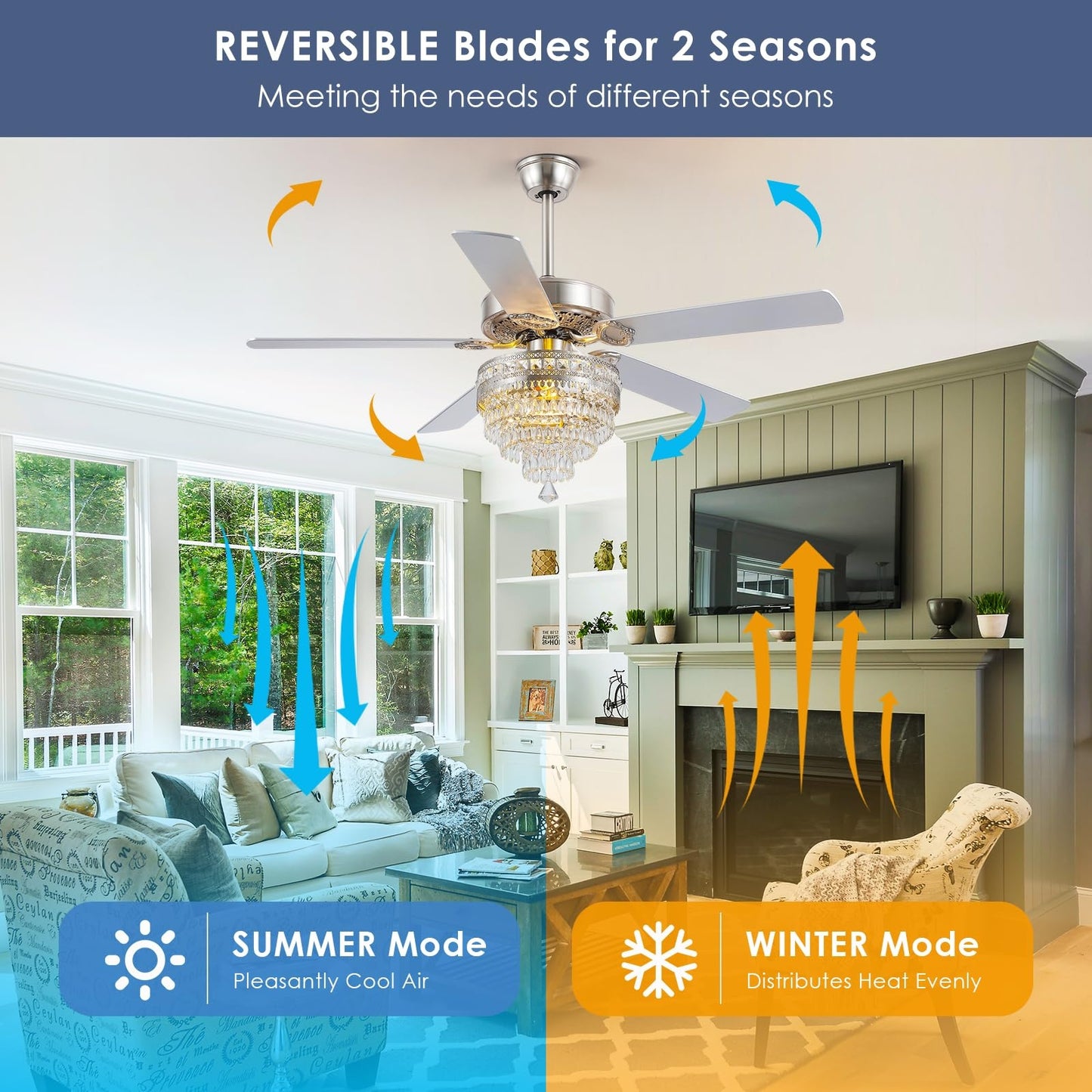 Chandelier Ceiling Fan with Remote, 52 Inch Crystal Fan Light, Indoor Fan Ceiling with 3 Speed, Silent Reversible Motor, Dual-Sided Blades, Timer